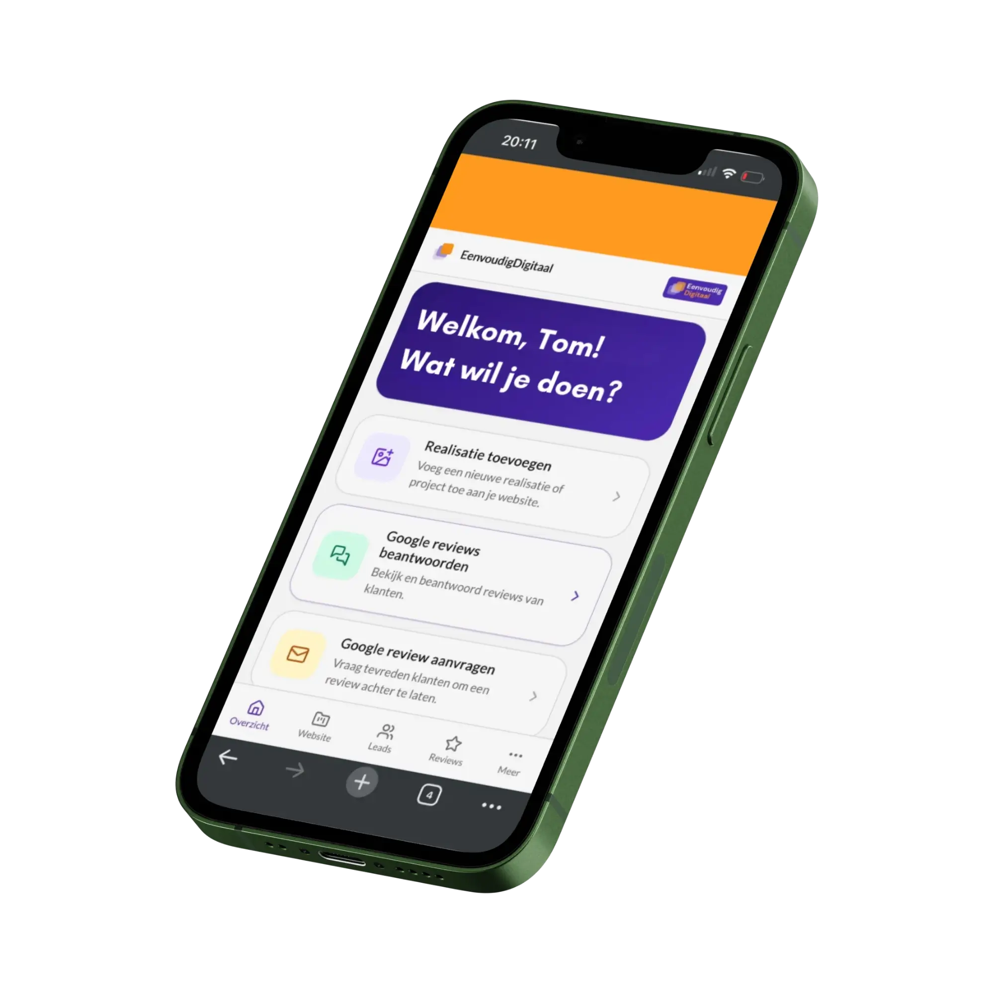 Eenvoudig Digitaal app op je telefoon: realisaties toevoegen, reviews beantwoorden en aanvragen, alles in 5 minuten per dag